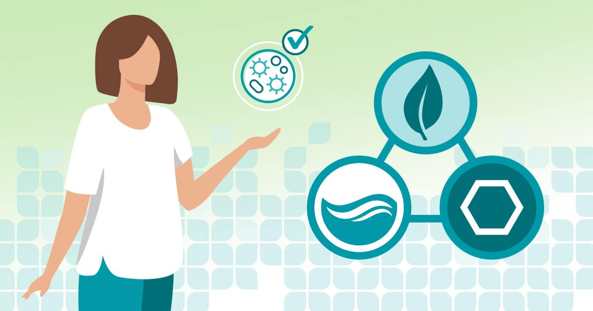 Illustration of a woman presenting icons of a leaf, water and a hexagon